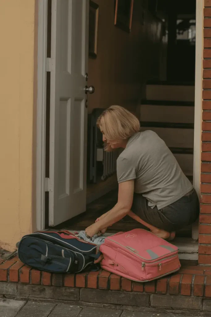 “Evening scene of a mother quietly laying out kids’ clothes and school bags near the door, dim warm lighting, peaceful atmosphere, soft textures, gentle mood — evokes routine and preparation”