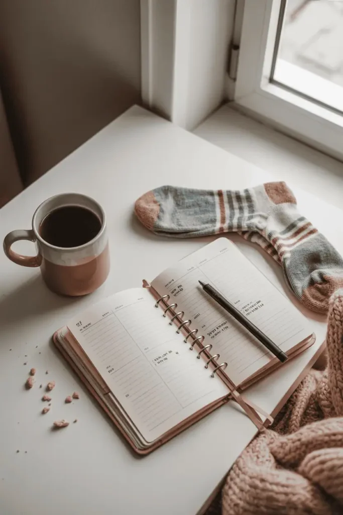 Flat lay of a realistic mom morning: half-full coffee mug, open planner with scribbles, kids’ sock, crumbs on the table, natural lighting from side window, soft neutral color palette, imperfectly cozy and honest motherhood vibe”