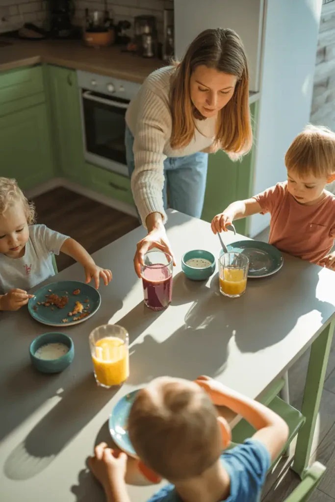 “Overhead photo of a kitchen table with kids eating breakfast, messy plates, mom reaching for a protein smoothie, sunlight on table, lived-in family kitchen, soft colors, honest morning scene”